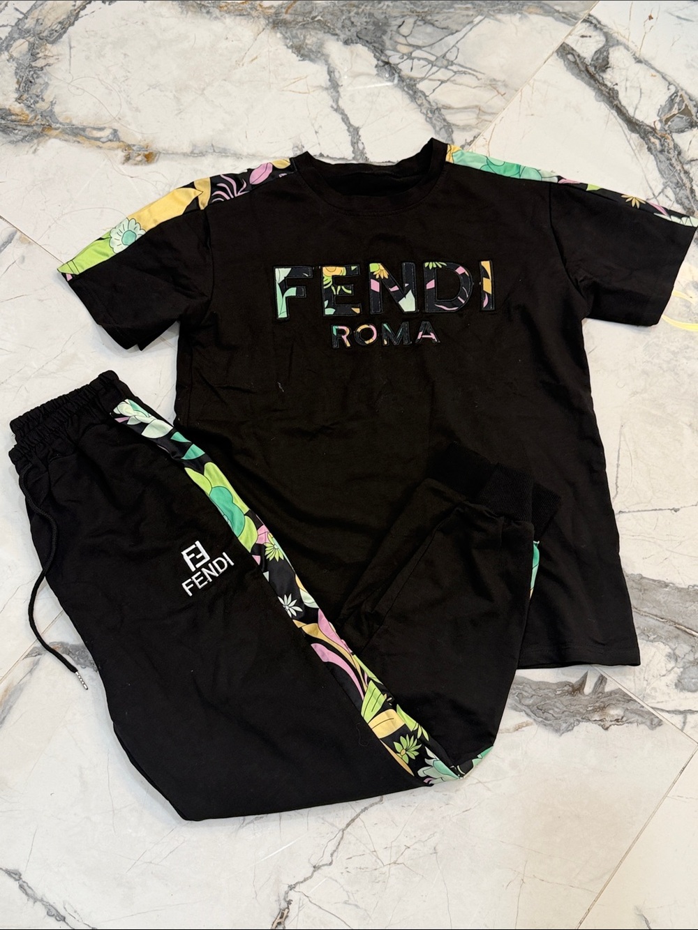 Fendi Black Tee & Jogger Set with Multicolor Floral Trim small